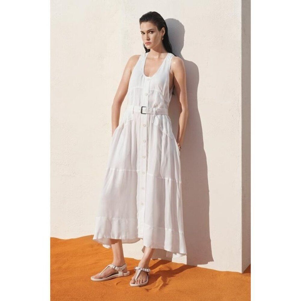 Zara SRPLS Womens Midi Dress Large Ecru Belted Cupro Sleeveless 8534/251 NWD